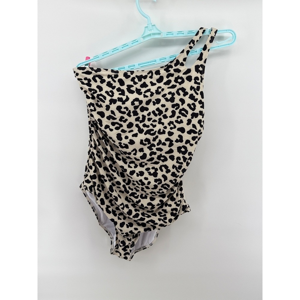 Holipick Women One Shoulder Leopard Print Ruched One Piece Swimsuit Tan Black